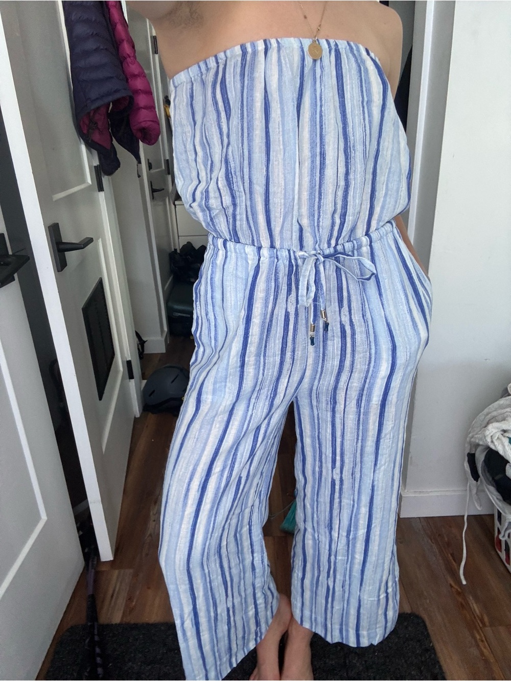 Striped Blue and White Strapless Jumpsuit